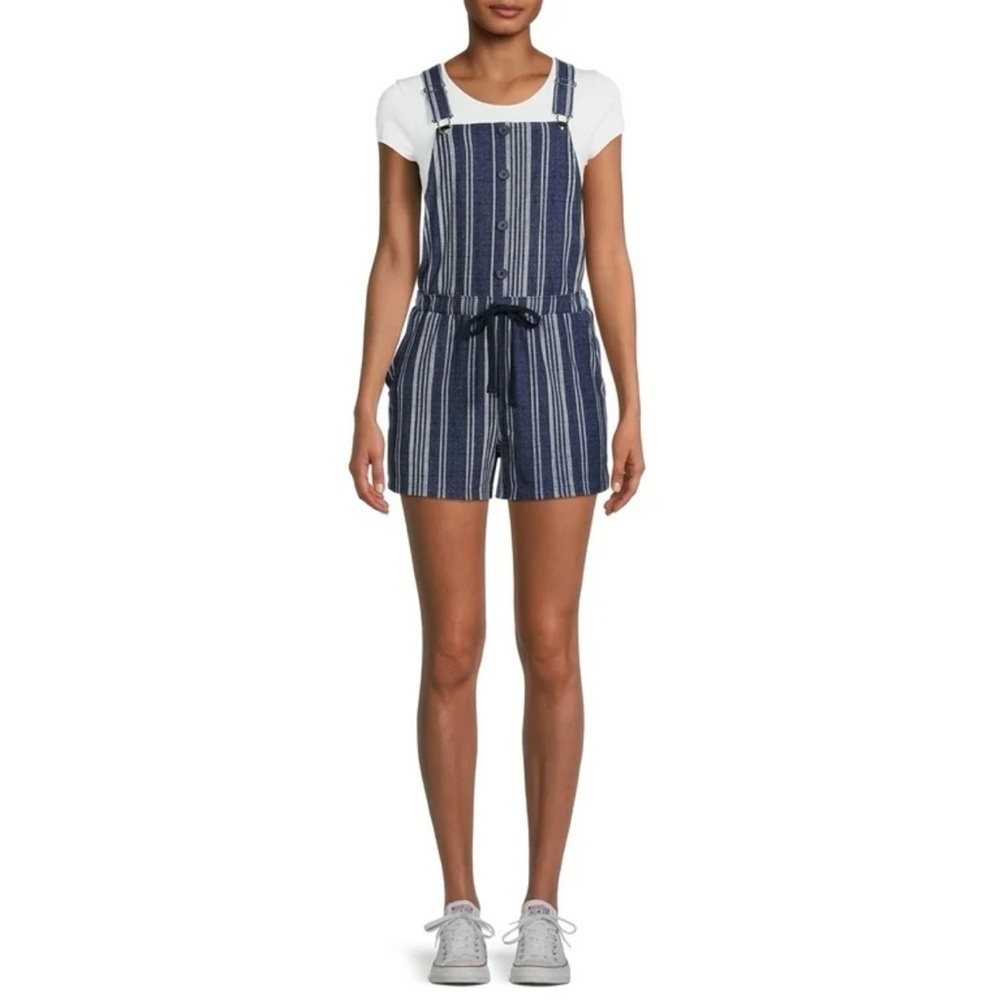 No Boundaries Striped Blue Women Junior Overalls Shortall Sz S 3/5 Soft